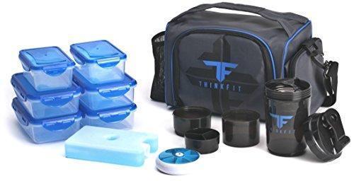 ThinkFit Insulated Lunch Boxes with 6 Portion Control Containers, Reusable Ice Pack, Pill Box, Shaker Cup, Shoulder Strap and Extra Storage Pocket (Blue)