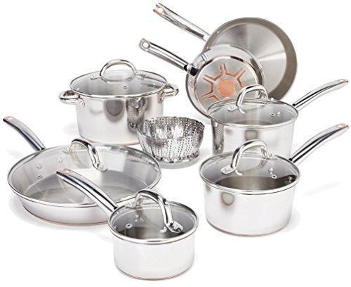 T-fal Stainless Steel Cookware Set, Pots and Pans with Copper-Bottom, 13-Piece, Silver, Model C836SD