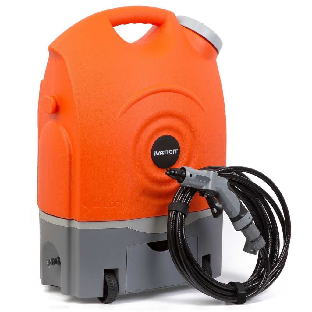 Ivation Multipurpose Portable Spray Washer w/Water Tank - Runs on Built-in Rechargeable Battery, Home Plug and 12v Car Plug - Integrated Roller Wheels