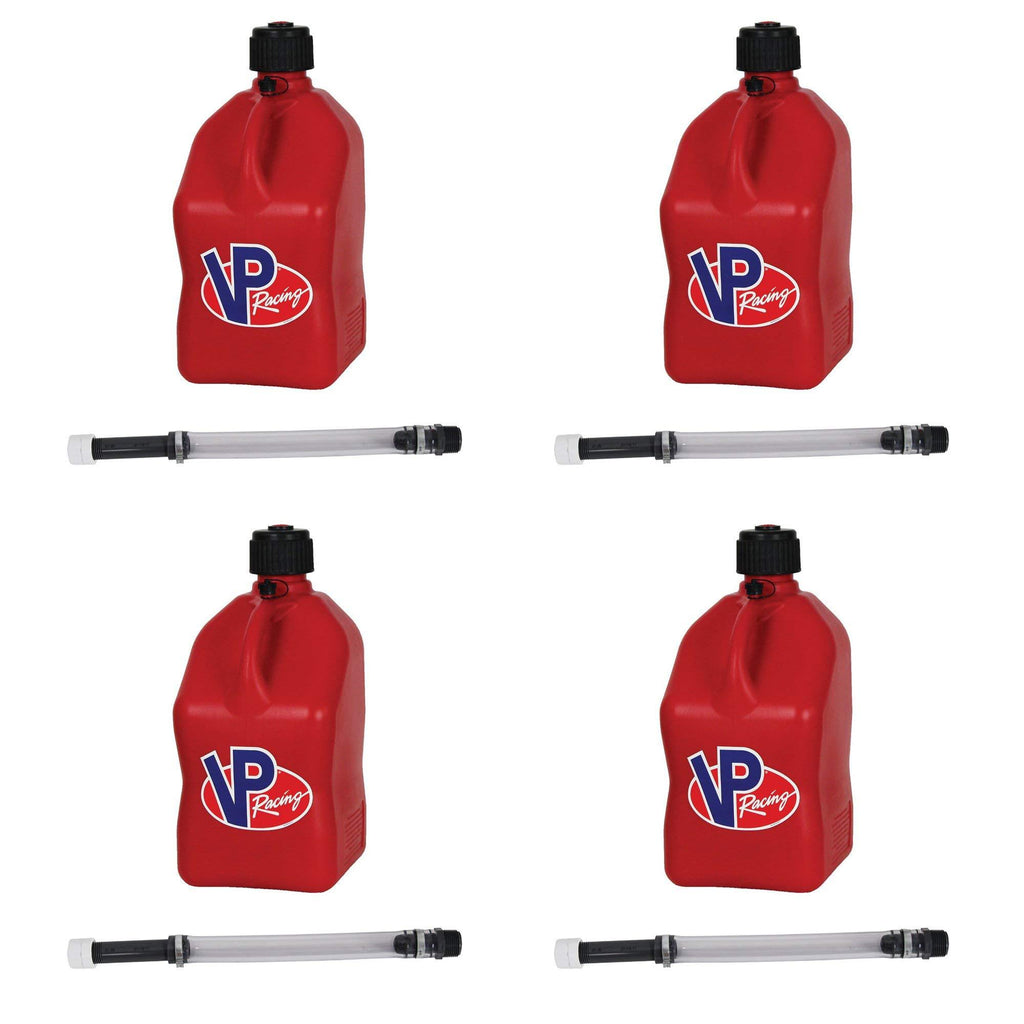 4 Pack VP 5 Gallon Square Red Racing Utility Jugs with 4 Deluxe Filler Hoses